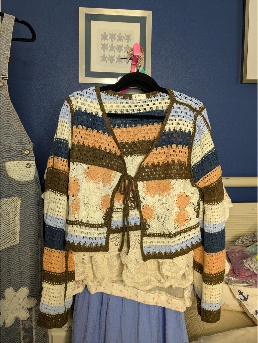New Pol Fits S To L OS  One Size Multi Crochet cardigan Top Jacket Tie In Front